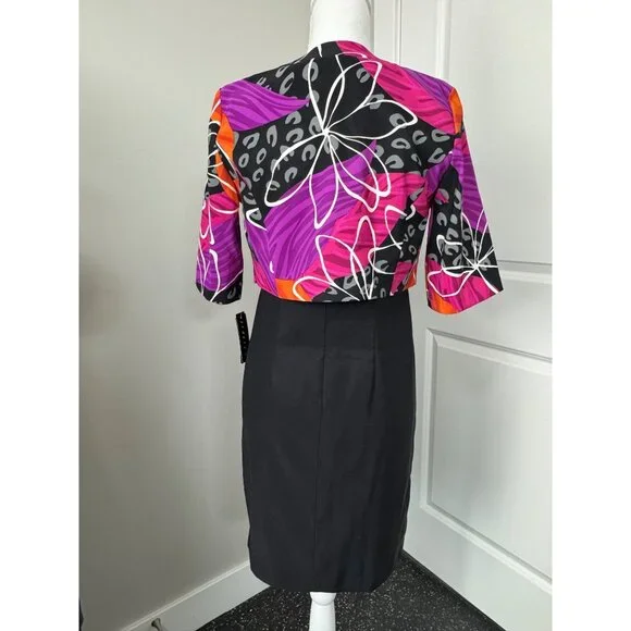 AGB Petite 2-Piece Black Sheath Dress With Vibrant Abstract Print Bolero Jacket - Picture 4 of 16